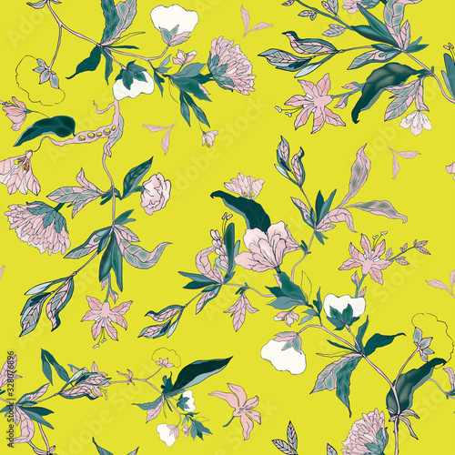 Delicate floral ornament of branches, leaves and inflorescences on a pink background. Seamless pattern.