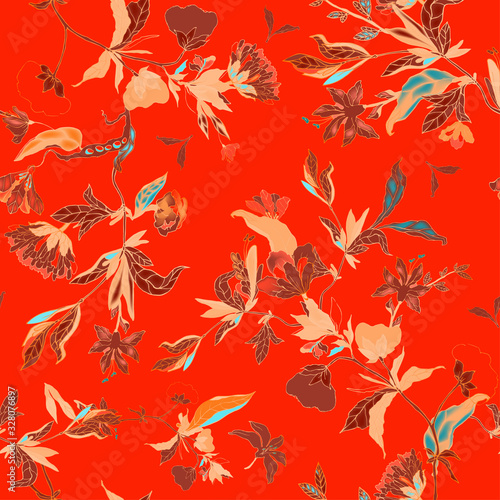 Delicate floral ornament of branches, leaves and inflorescences on a pink background. Seamless pattern.