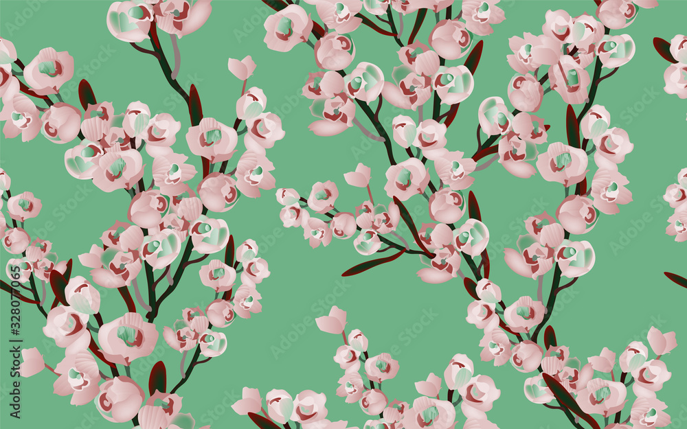 Delicate pink flowers on a tree branch, petals and inflorescences on a white background seamless pattern.