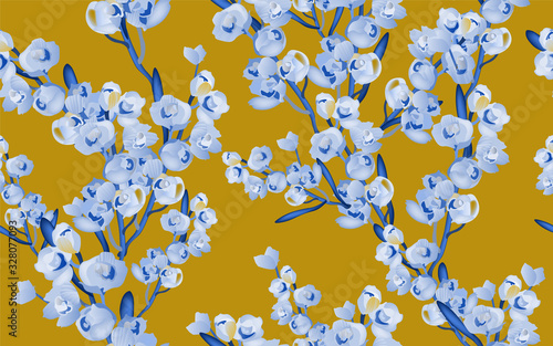 Delicate pink flowers on a tree branch, petals and inflorescences on a white background seamless pattern.