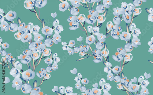 Delicate pink flowers on a tree branch, petals and inflorescences on a white background seamless pattern.