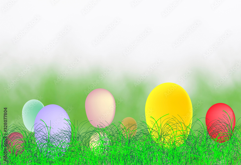 Easter day background concept with eggs in green grass with illustration