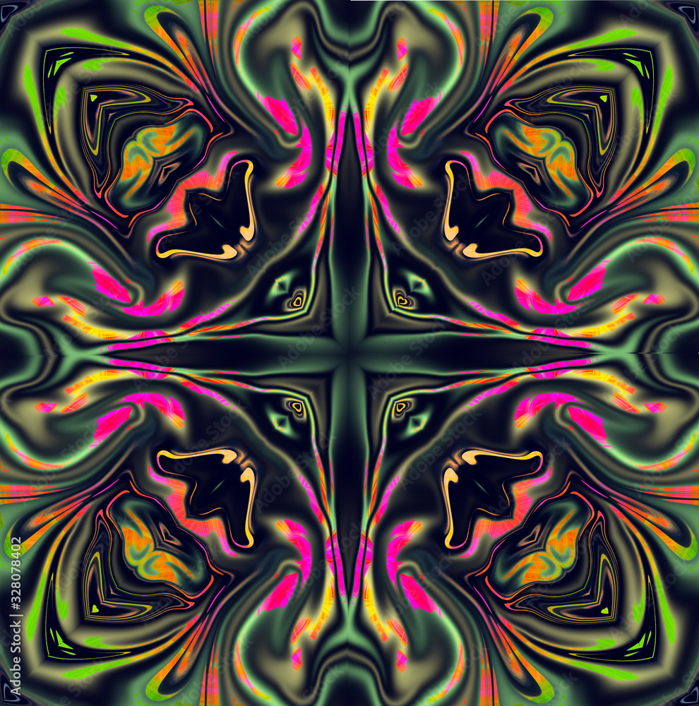 Mandala cross kaleidoscope abstract geometric colorful seamless pattern background . Unique kaleidoscope design repeated squares and blocks background.