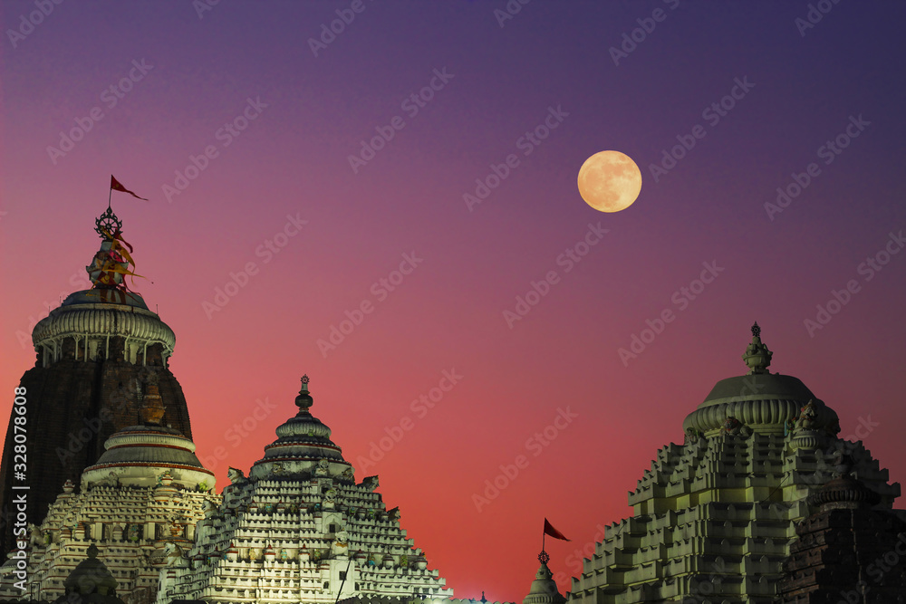 Famous Lord jagannath temple puri at night with colorful sky background