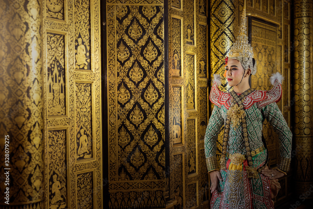 Fototapeta premium Art culture Thailand Dancing in masked khon Benjakaj and Hanuman in literature amayana,thailand culture Khon,Thailand .