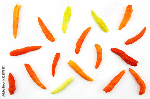 Fresh green and red chilli pepper texture isolated on white background