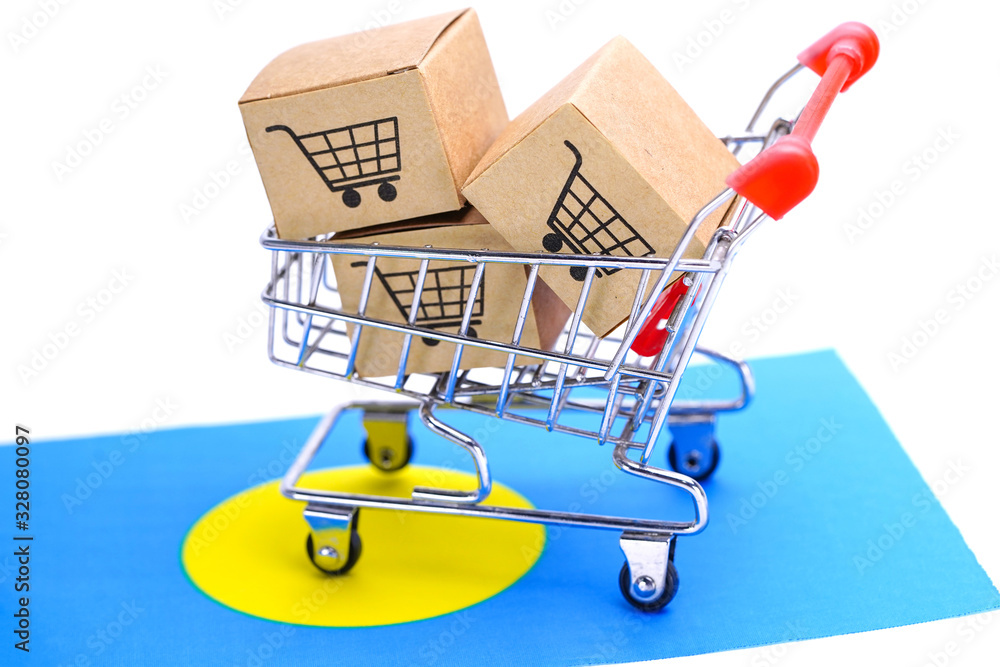 Box with shopping cart logo and Palau flag : Import Export Shopping online or eCommerce finance delivery service store product shipping, trade, supplier concept.