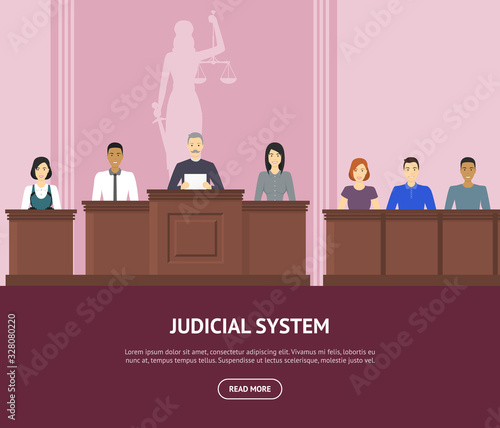 Cartoon Color Court Building Inside Interior with People Card Ad. Vector