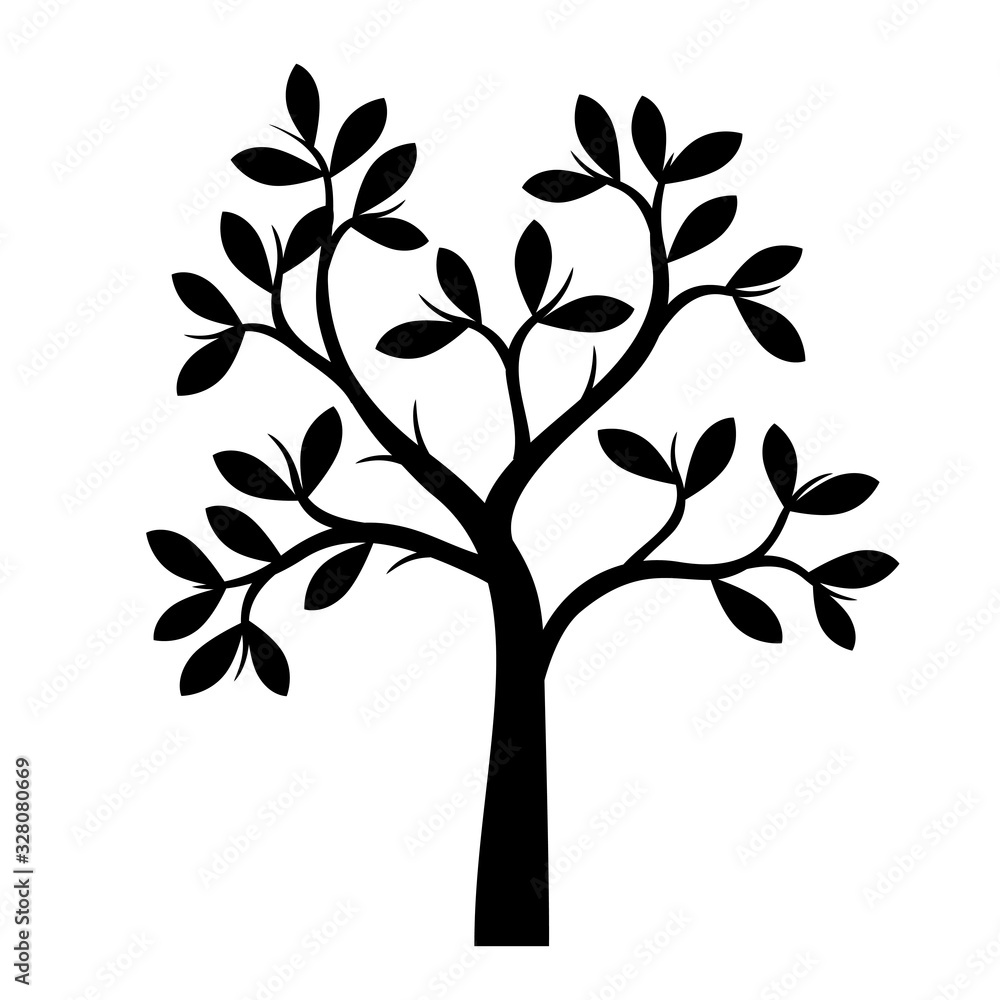 Black Tree and Leaves. Vector outline Illustration. Black Tree and Leaves. Vector outline Illustration.