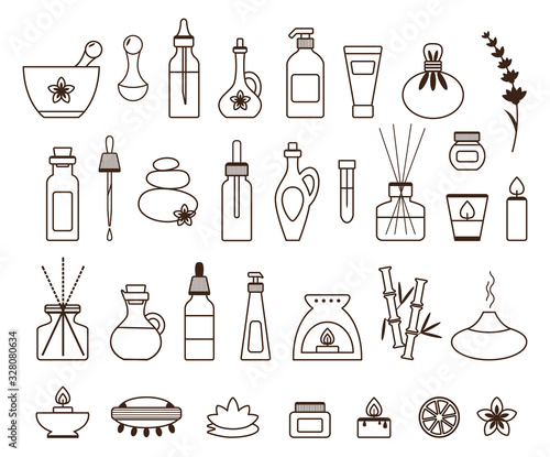 Aromatherapy icon set with essential oil bottle