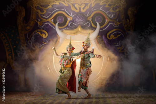 Art culture Thailand Dancing in masked khon in literature ramayana,thailand culture Khon,Vintage stlye,Thailand . photo