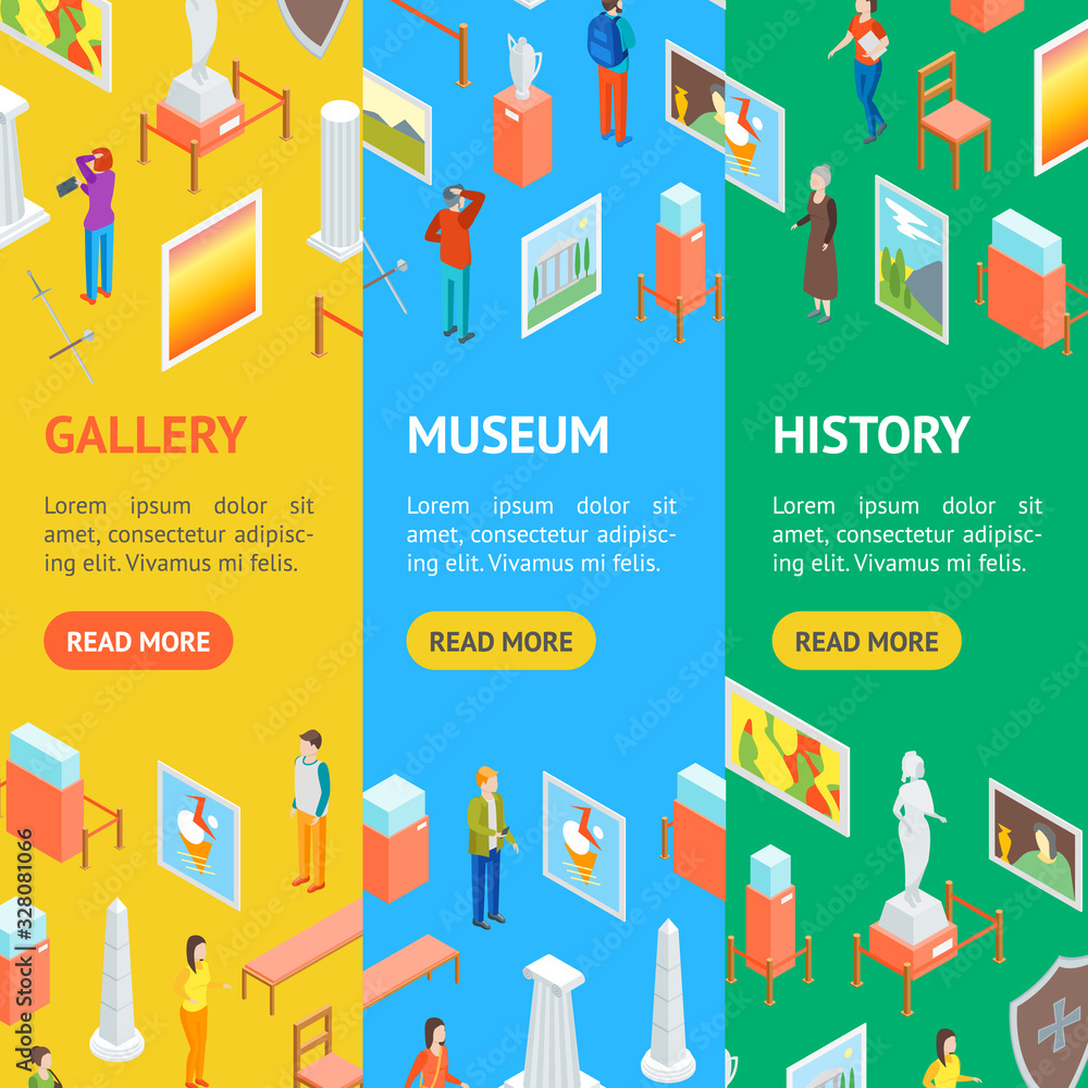 Museum Hall Interior Banner Vecrtical Set Isometric View. Vector