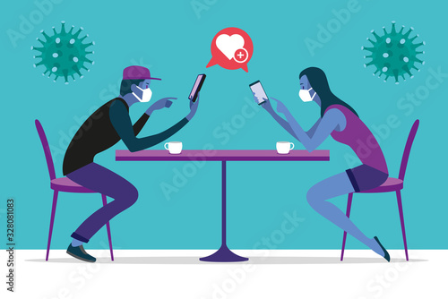 Millennial Couple with mask and Smart Phone