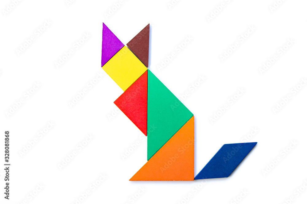 Color wood tangram puzzle in sitting cat shape on white background