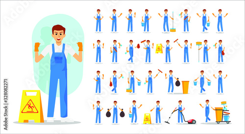 Set of cleaning man staff character vector design. Presentation in various action with emotions, running, standing and walking.