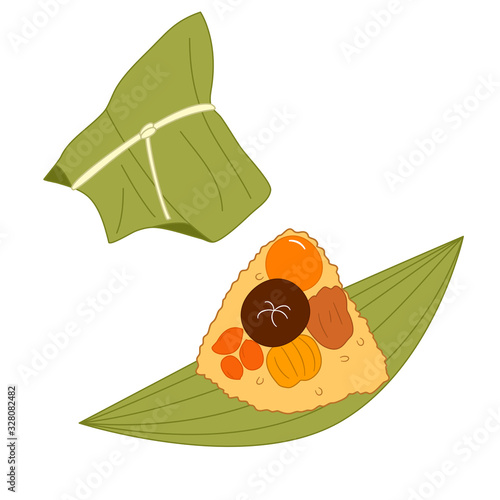 Chinese sticky rice dumpling or Zongzi isolated on white background. Cartoon hand drawn traditional Chinese rice dish, Asian food, dragon boat festival icon. Great for icon, symbol, logo, menu design.