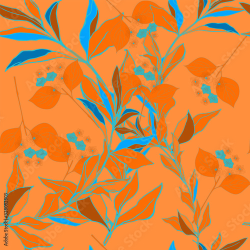 Tree branches with blue leaves on a orange tangerine background. Seamless pattern with floral motifs. Vector illustration.