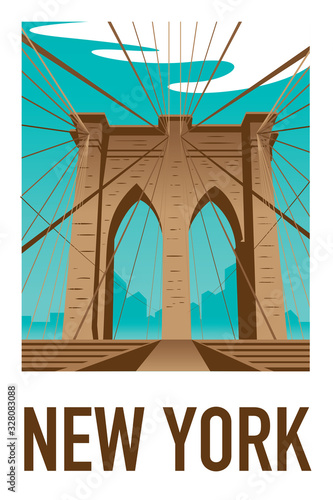 early in the morning view of brooklyn bridge, in manhattan with new york skyline in the background. Handmade drawing vector illustration. Vintage style poster, sticker and postcard design