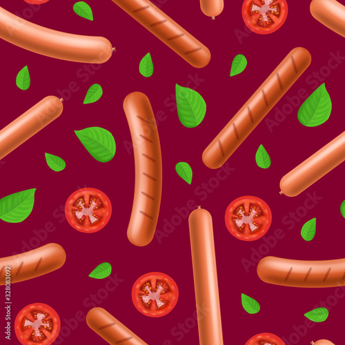 Realistic 3d Detailed Sausages Meat Seamless Pattern Background. Vector