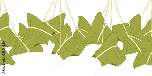 Chinese sticky rice dumpling or Zongzi seamless background and borders. Cartoon hand drawn traditional Chinese rice dish, Asian food, dragon boat festival frame border pattern. Great for wallpaper.