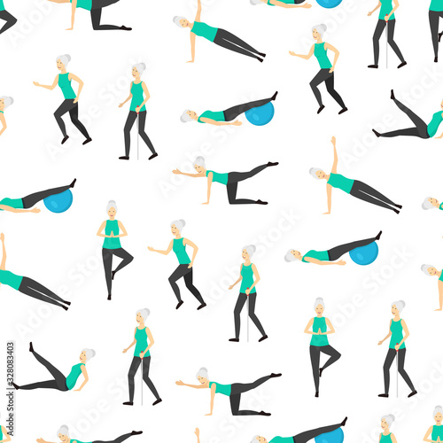 Cartoon Color Senior Exercise of Female Characters Seamless Pattern Background . Vector