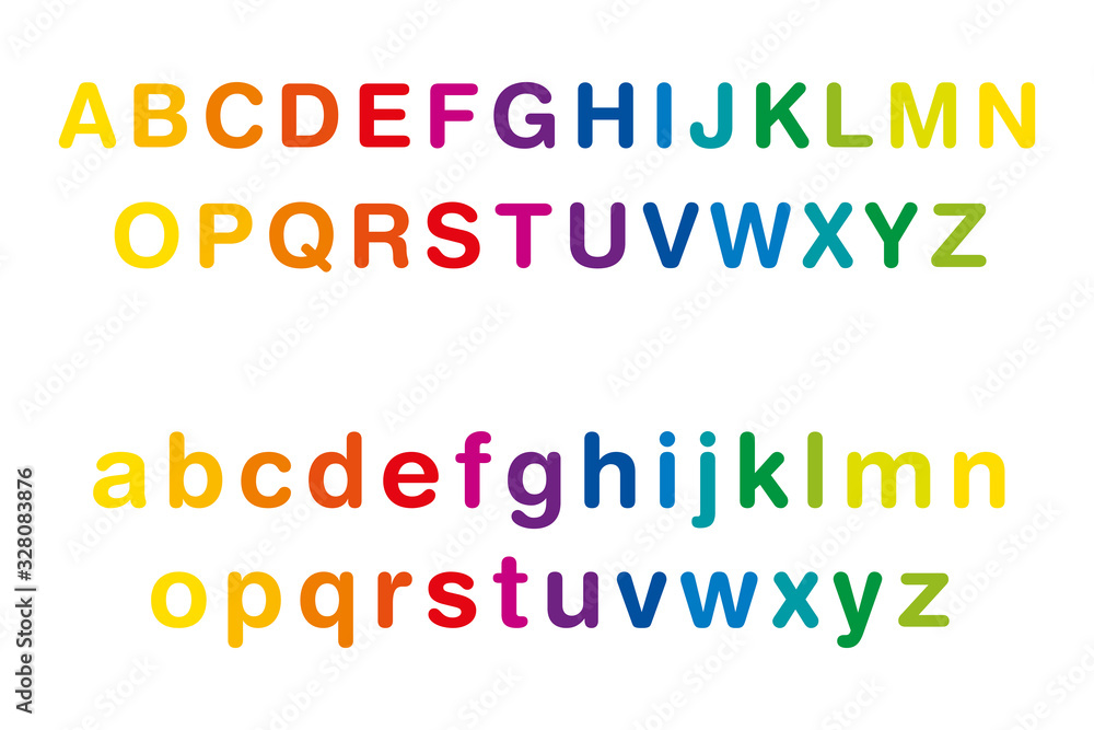 Rainbow colored alphabet, upper and lower case, in a row. Multi colored ...
