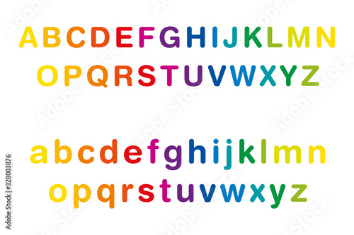 Rainbow colored alphabet, upper and lower case, in a row. Multi colored standard set of letters from A to Z. Isolated illustration on white background. Vector.