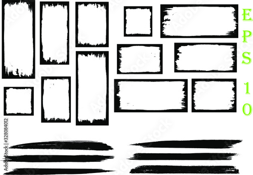 Set of rectangular paint splatters, grunge rough shapes. Box frame. Distressed badge. black paint hand made creative brush stroke 