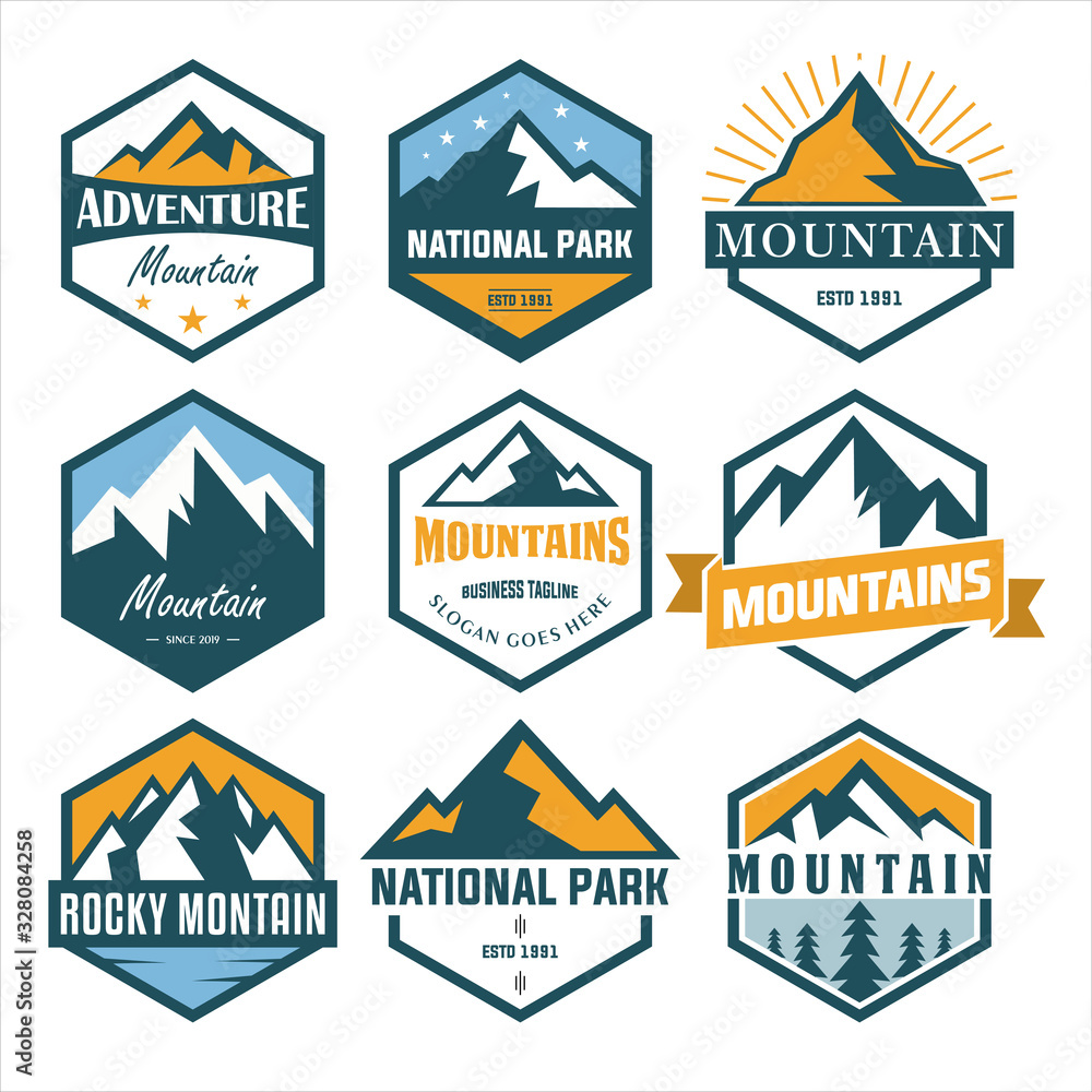 Obraz premium Set Of Mountain and Sea for Outdoor Adventure Emblem Logo design inspiration Hiking, vintage mountain logo design inspiration