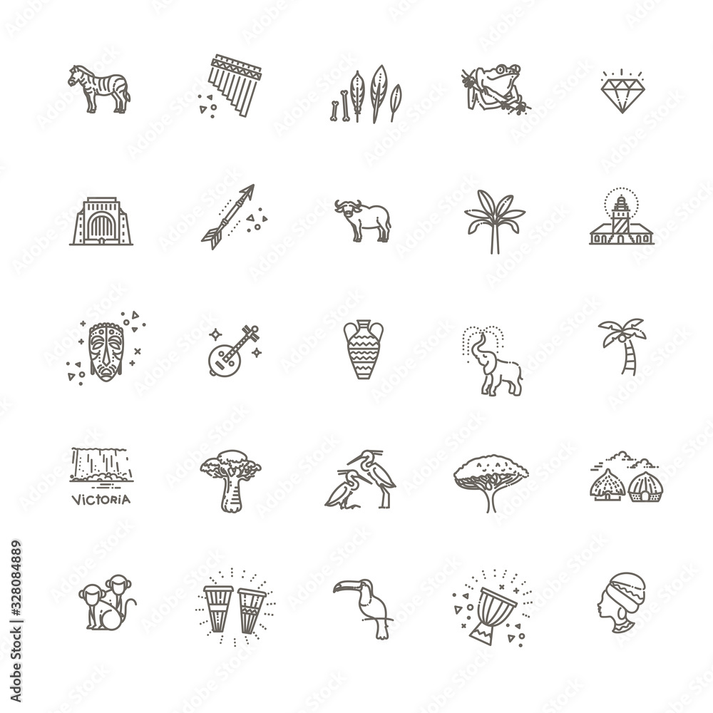 Africa jungle ethnic culture travel icons set outline isolated vector illustration Africa jungle ethnic culture travel icons set outline isolated vector illustration