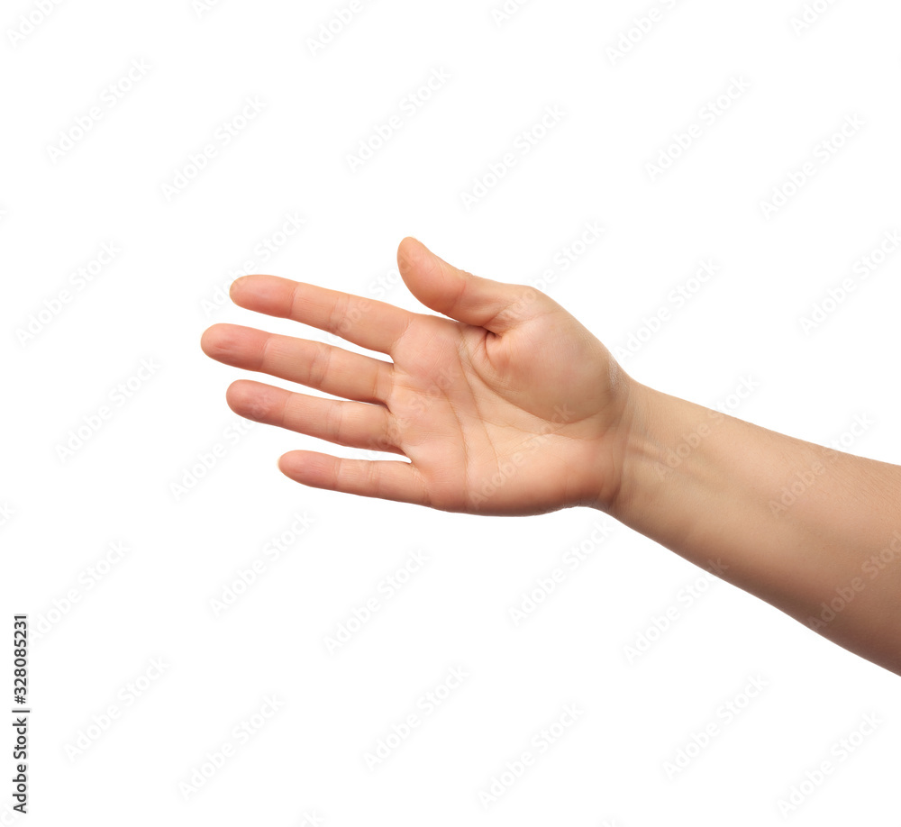 outstretched hand of man, open hand, part of the body isolated on white background outstretched hand of man, open hand, part of the body isolated on white background