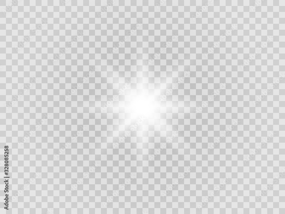 Vector png glowing light effect. Shine, glare, flare, flash illustration. White star on transparent - obrazy, fototapety, plakaty 