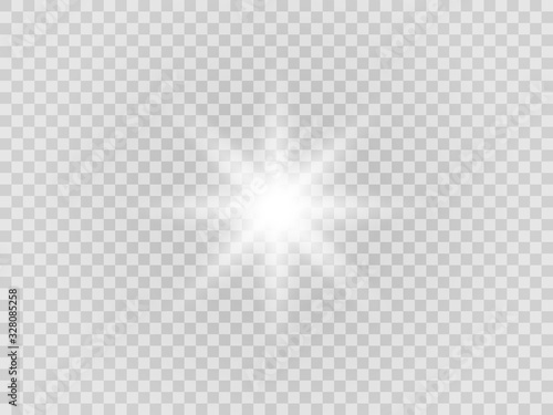 Vector png glowing light effect. Shine, glare, flare, flash illustration. White star on transparent
