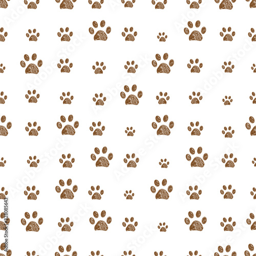 Doodle brown paw print vector with white background seamless pattern for fabric