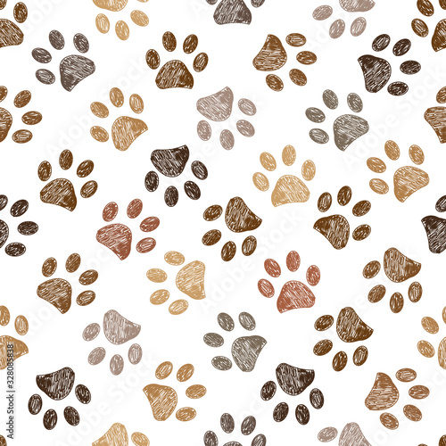 Doodle brown paw prints seamless vector pattern for fabric design