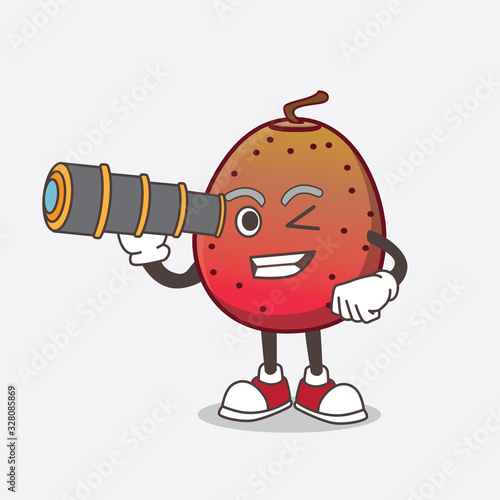 Indian Fig cartoon mascot character using a monocular