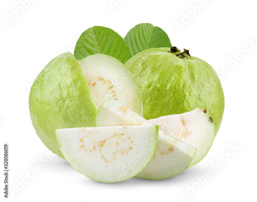 Guava fruit with leaf on white background