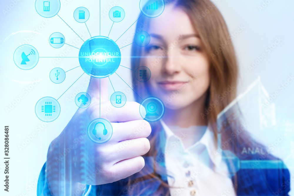 Business, Technology, Internet and network concept. Young businessman working on a virtual screen of the future and sees the inscription: Unlock your potential Business, Technology, Internet and network concept. Young businessman working on a virtual screen of the future and sees the inscription: Unlock your potential