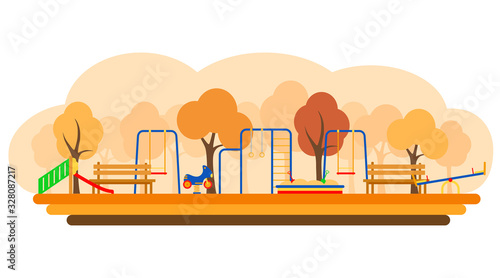 Kids playground with playing equipment, vector illustration. Flat style