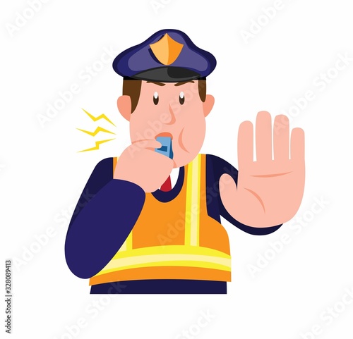 police patrol blowing whistle and asking someone to stop in cartoon flat illustration vector isolated in white background