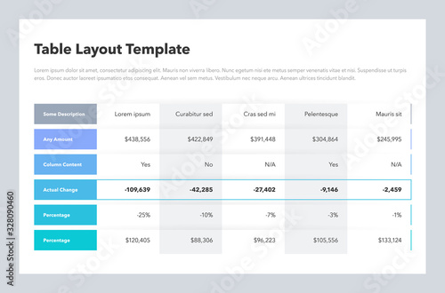 Modern business table layout template with place for your content. Flat design, easy to use for your website or presentation.