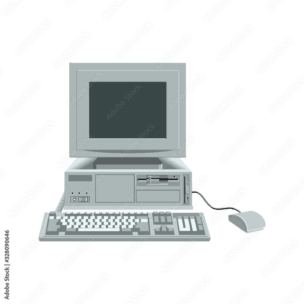 The retro desktop white computer with monitor, keyboard and mouse on the white background in EPS10 The retro desktop white computer with monitor, keyboard and mouse on the white background in EPS10