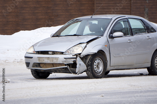 Slika na platnu Small truck accident at the slimy interurban road.