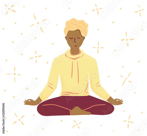 Young man sitting with closed eyes and meditating. Meditation, relaxation, spiritual practice, yoga and breathing exercise. Flat cartoon colorful vector illustration.
