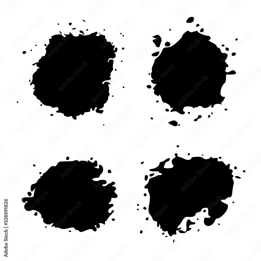 Set Black Blob on White. Ink splash. Brushes droplets. Digitally Generated Image. Illustration, EPS 10.