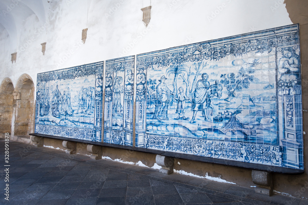 section of 18th century blue and white tile picture, located in Viseu Portugal - obrazy, fototapety, plakaty 
