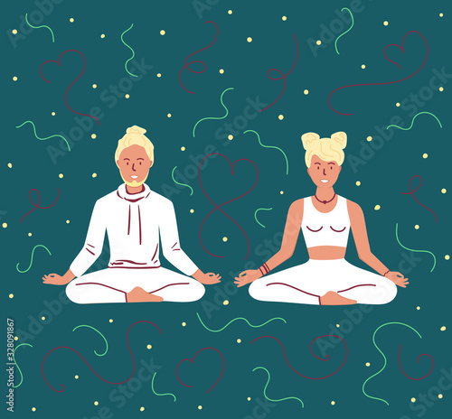 Couple use yoga together. Partner Yoga. Man and Woman meditating in Lotus Pose. Meditation, Spiritual practice or breathing exercise. Flat cartoon colorful vector illustration