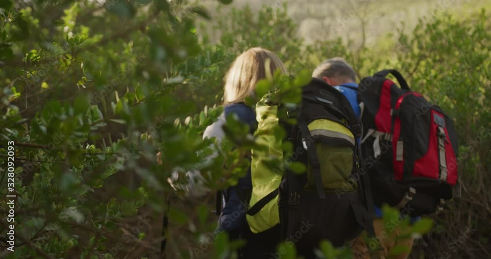 Active senior couple hiking in forest Active senior couple hiking in forest