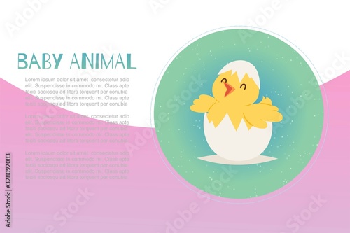 Cute baby chick just hatched from an Easter egg cartoon vector illustration. Baby animals and chicks, newborn for spring easter season banner with typography.