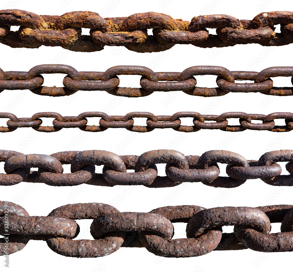 Set of old,rusty, extremely corroded chains isolated on white background Set of old,rusty, extremely corroded chains isolated on white background